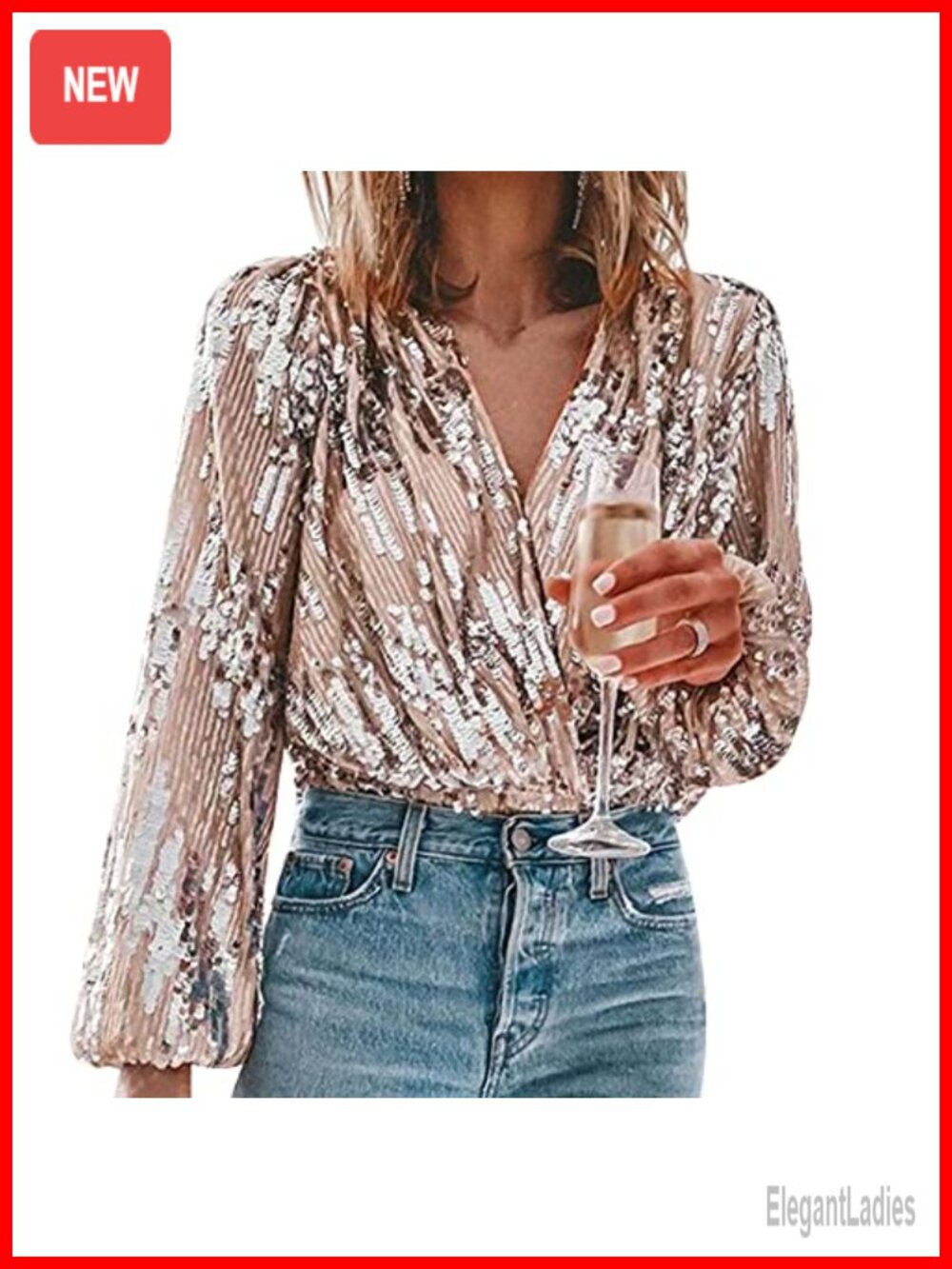 Sequin V Neck Long Sleeve Slim Fit Party Top